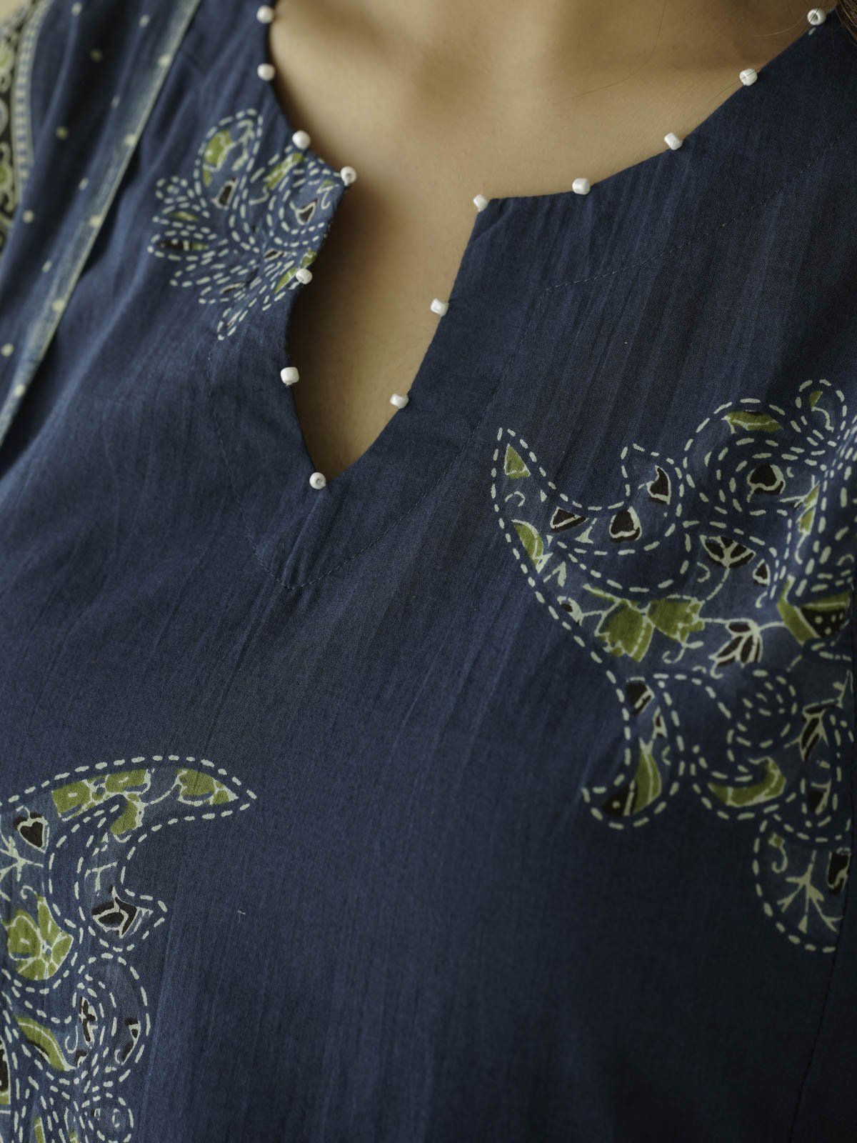 Cotton Printed Aline Geet Kurta Set For Women Indigo