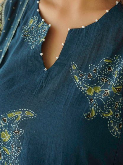 Cotton Printed Aline Geet Kurta Set For Women Indigo