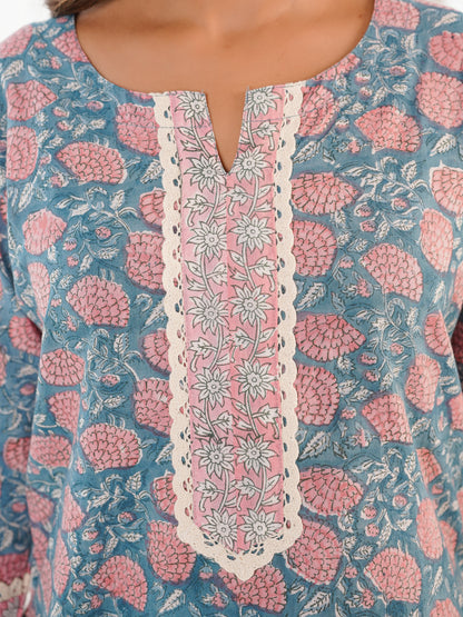 Block-Printed Cotton Zoya Kurti Grey Booty