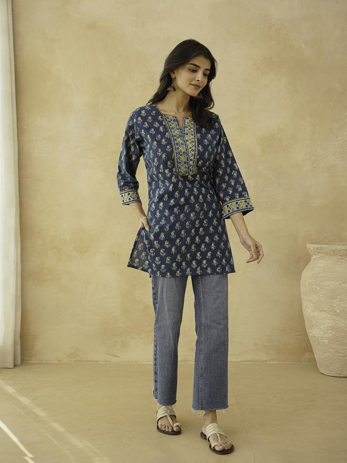 Cotton Printed Sequin Short Kurti For Women Indigo