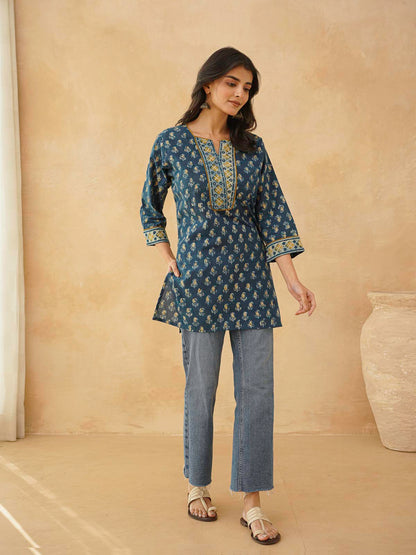 Cotton Printed Sequin Short Kurti For Women Indigo