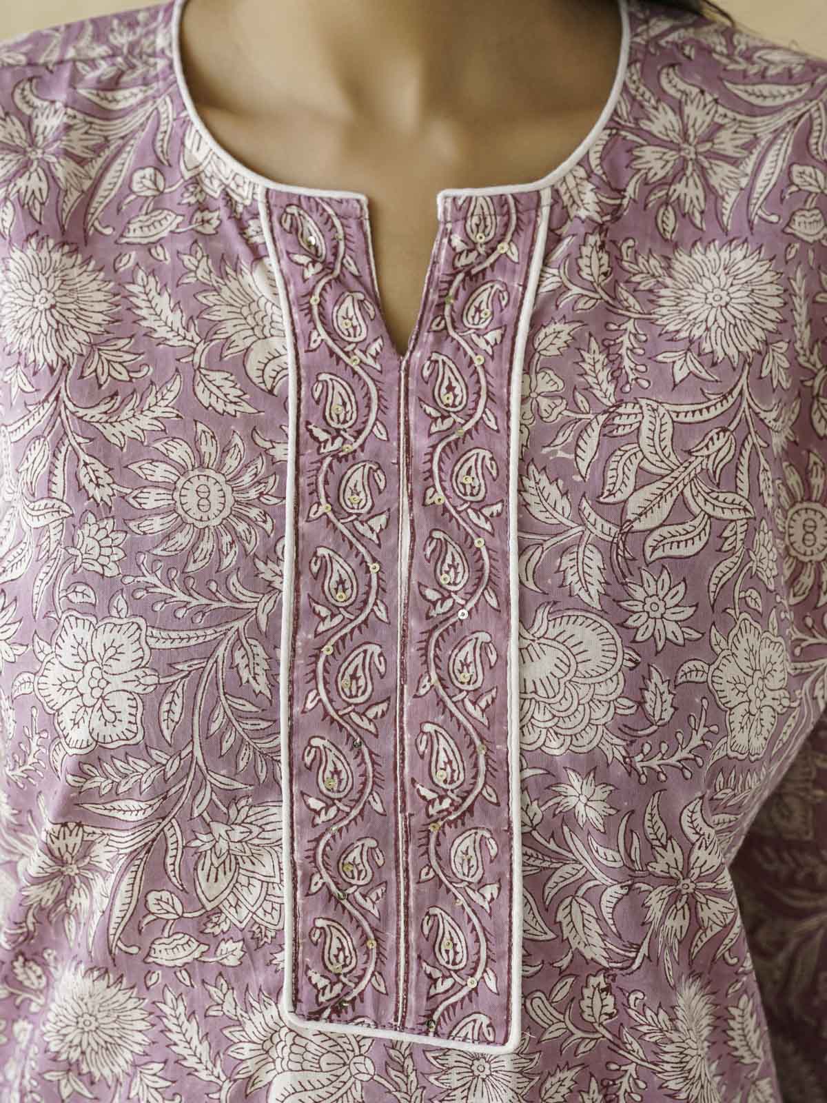 Cotton Printed Sequin Short Kurti For Women Purple