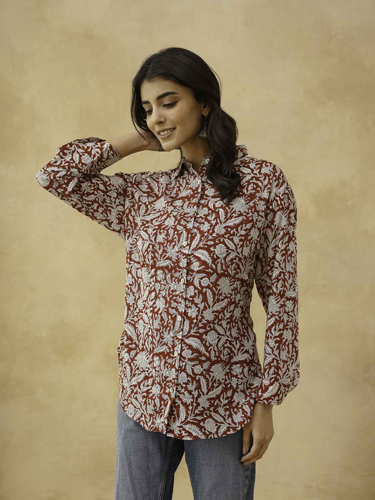 Block Printed Cotton Meher Shirt Red Jaal