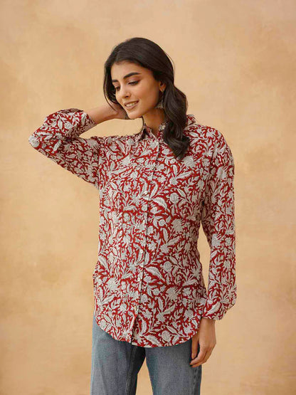 Block Printed Cotton Meher Shirt Red Jaal