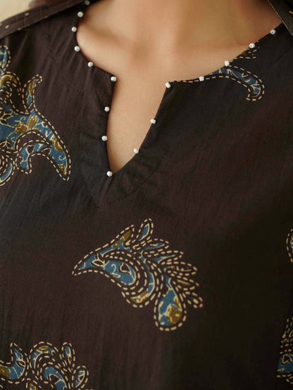 Cotton Printed Aline Geet Kurta Set For Women Choco Brown