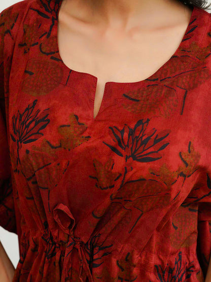 Block-Printed Cotton Long Kaftan Red