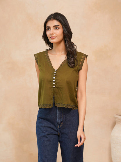 Sleeveless Cotton Printed Daisy Lace Top Green