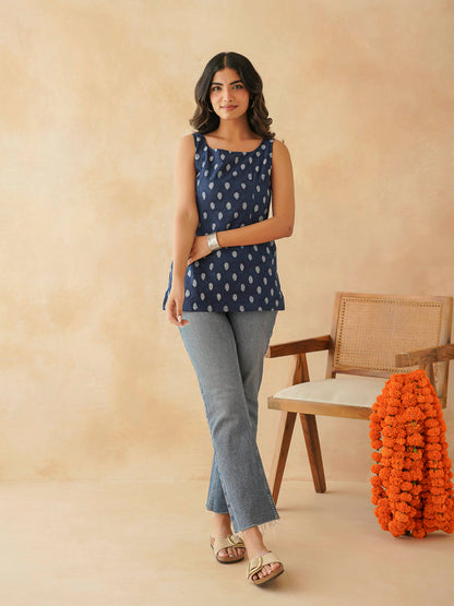 Cotton Printed Stylish Backless Tie-up Kurti Indigo