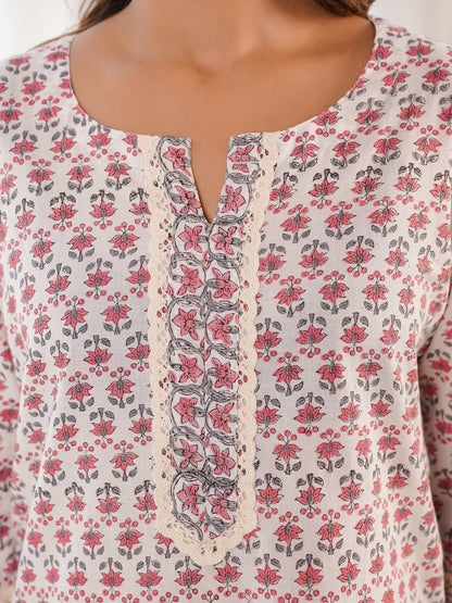 Block-Printed Cotton Zoya Kurti White Booty