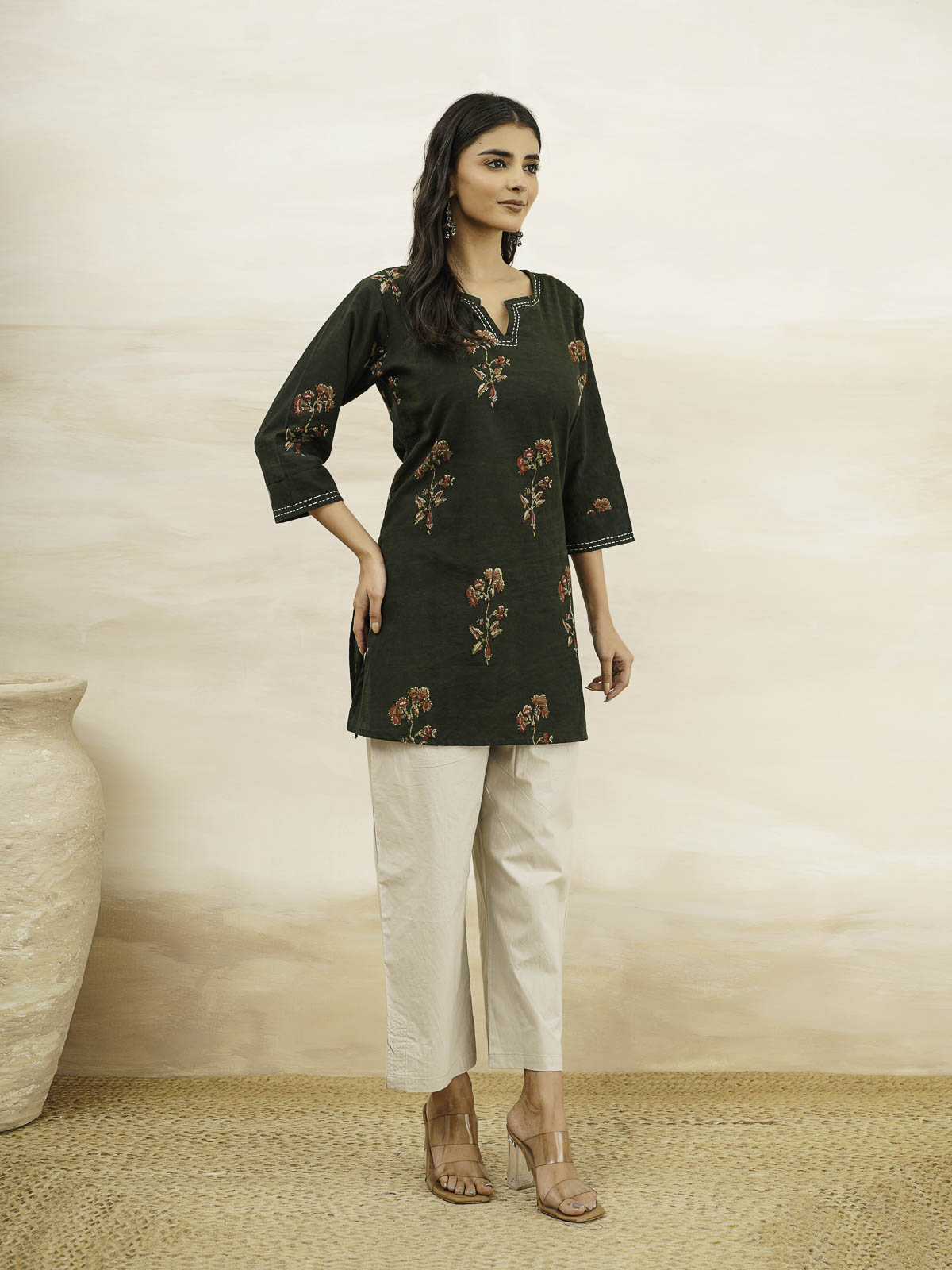 Cotton Printed Kantha Kurta Green Patti