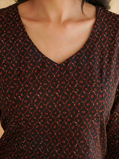Full Sleeve Cotton Printed Classic Vee Top Black