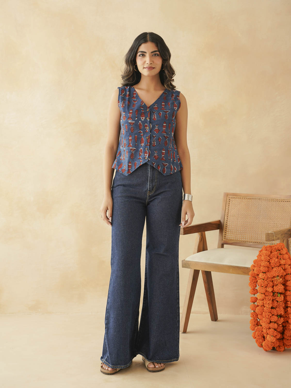 Sleeveless Cotton Block Printed Kothi Top Indigo Fish
