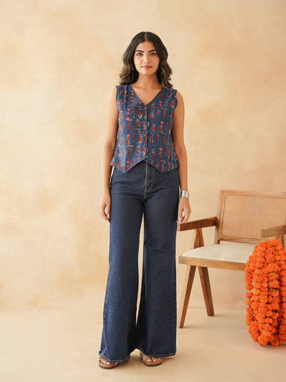 Sleeveless Cotton Block Printed Kothi Top Indigo Fish