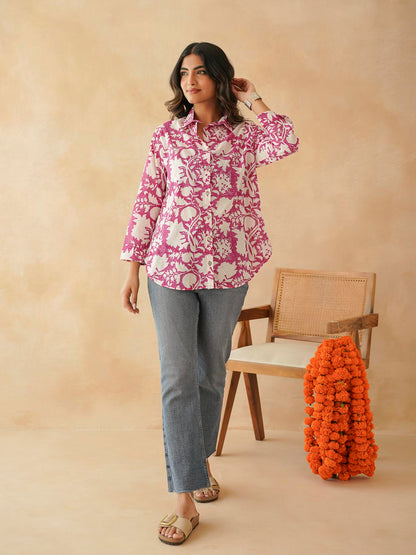 Block Printed Cotton Meher Shirt Pink