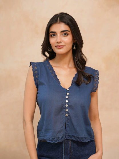 Sleeveless Cotton Printed Daisy Lace Top Blue
