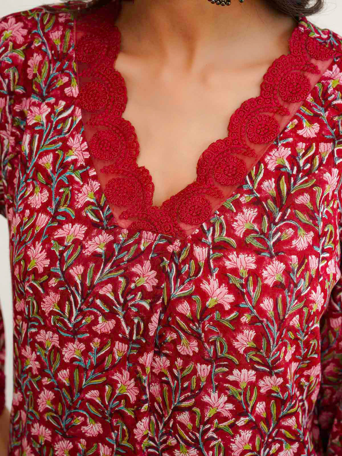 Block Printed Cotton Kurta Pant Bagiya Set Red Patti