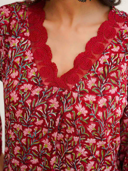Block Printed Cotton Kurta Pant Bagiya Set Red Patti