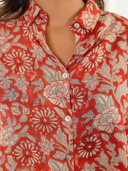 Block Printed Cotton Meher Shirt Red Flower