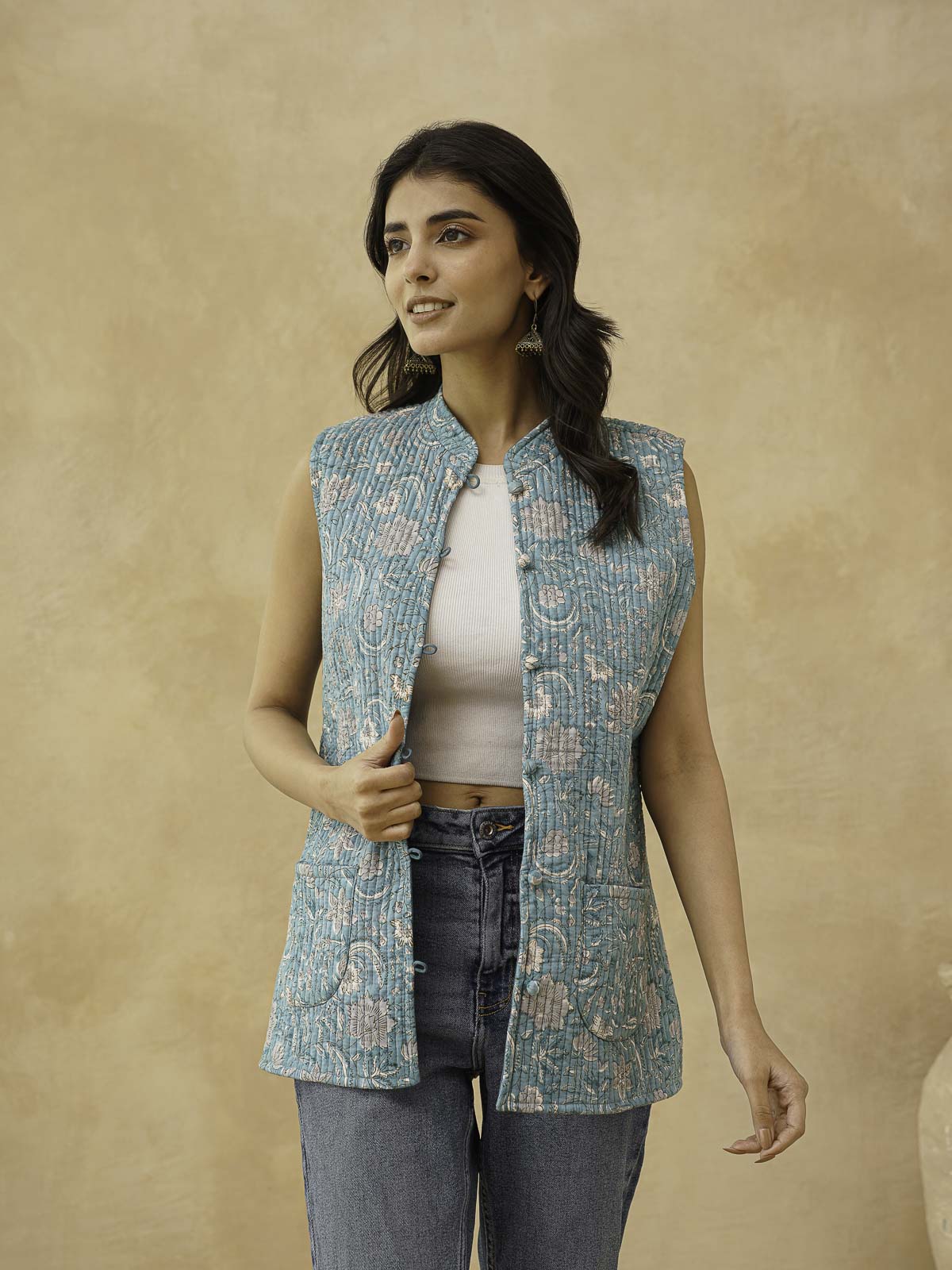 Cotton Printed Sleeveless Quilted Jacket Green Jaal