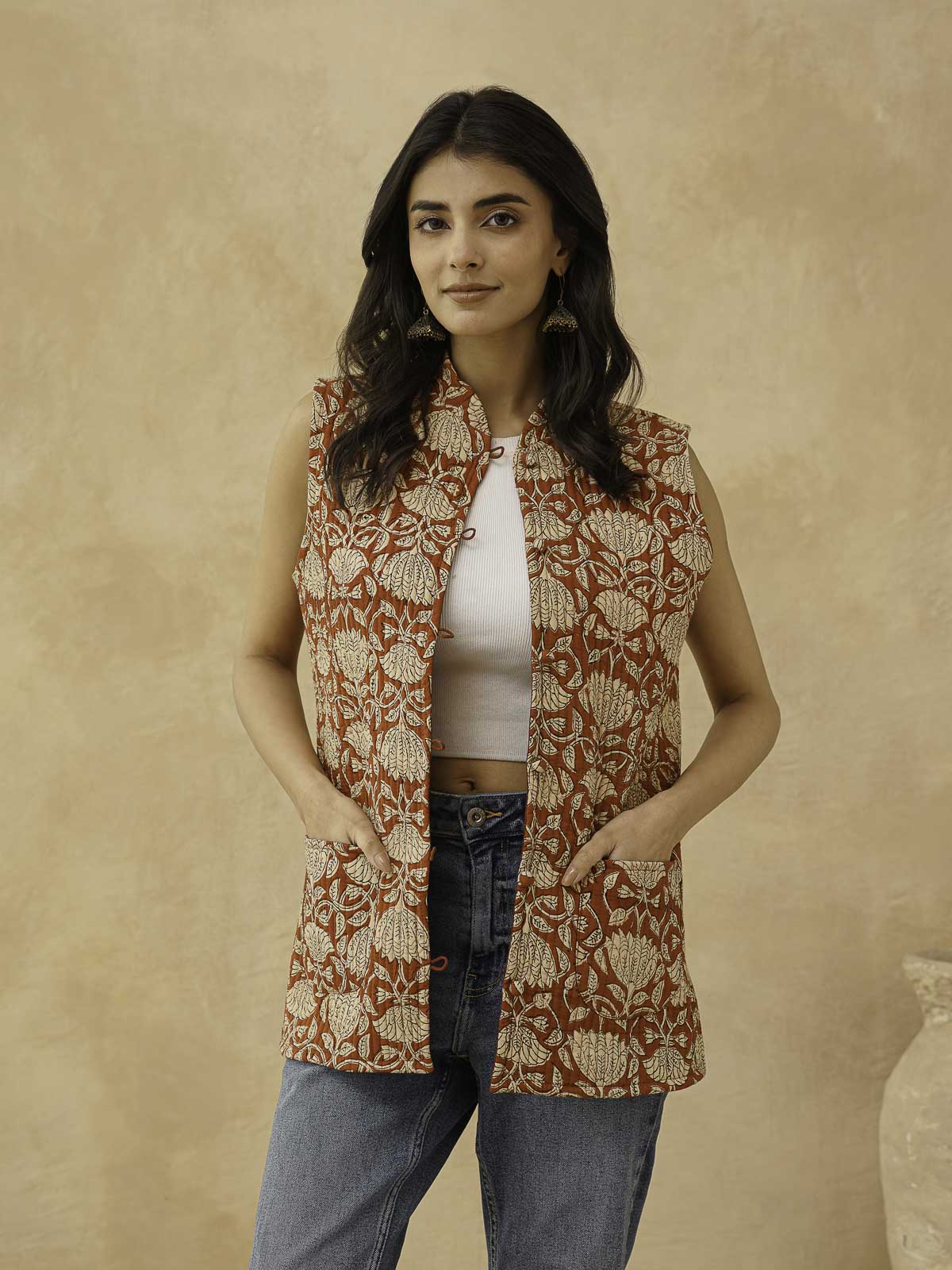 Cotton Printed Sleeveless Quilted Jacket Red Kamal