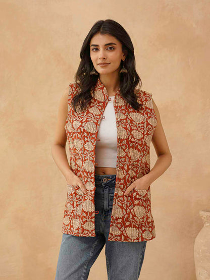 Cotton Printed Sleeveless Quilted Jacket Red Kamal