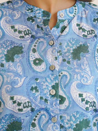 Women Ethnic Motifs Printed Cotton Pleat Set Sky Blue
