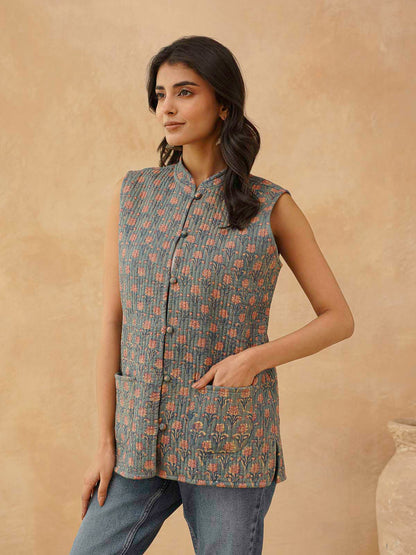 Cotton Printed Sleeveless Quilted Jacket Grey Booty