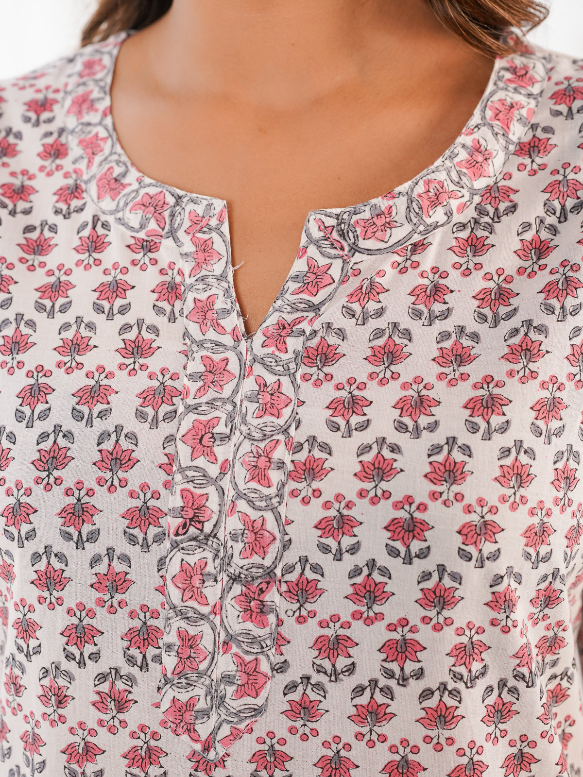 Cotton Block Printed Long Kurta White Booty
