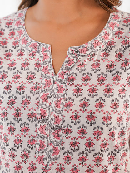Cotton Block Printed Long Kurta White Booty