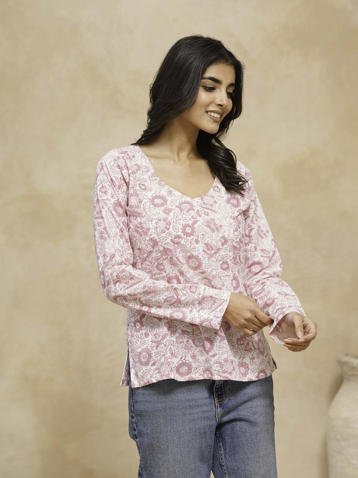 Full Sleeve Cotton Printed Classic Vee Top White