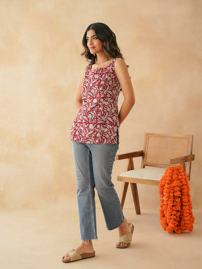Cotton Printed Stylish Backless Tie-Up Kurti Red