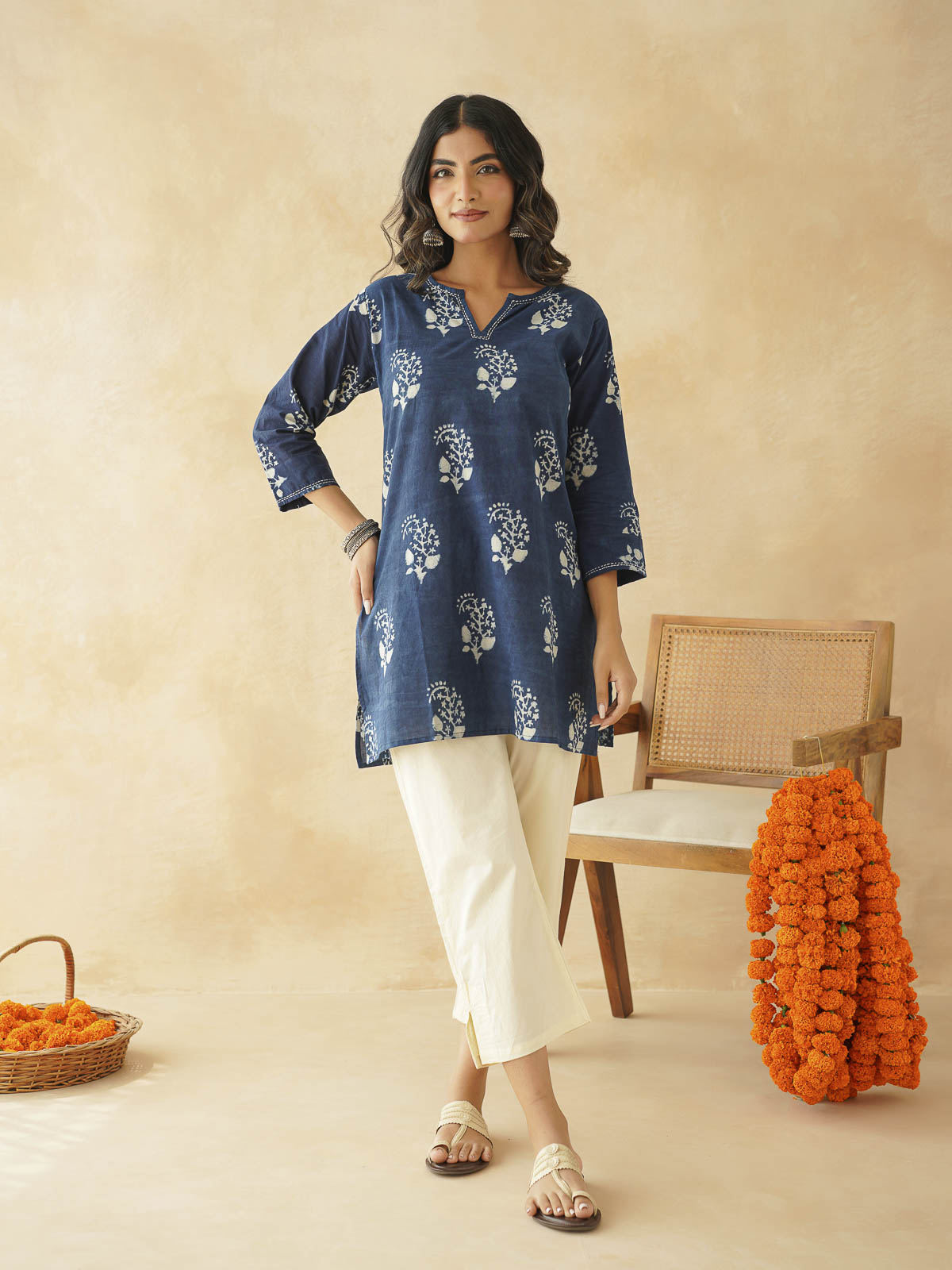 Cotton Printed Kantha Kurta Indigo