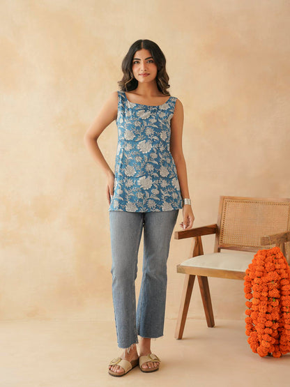 Cotton Printed Stylish Backless Tie-Up Kurti Drak Blue