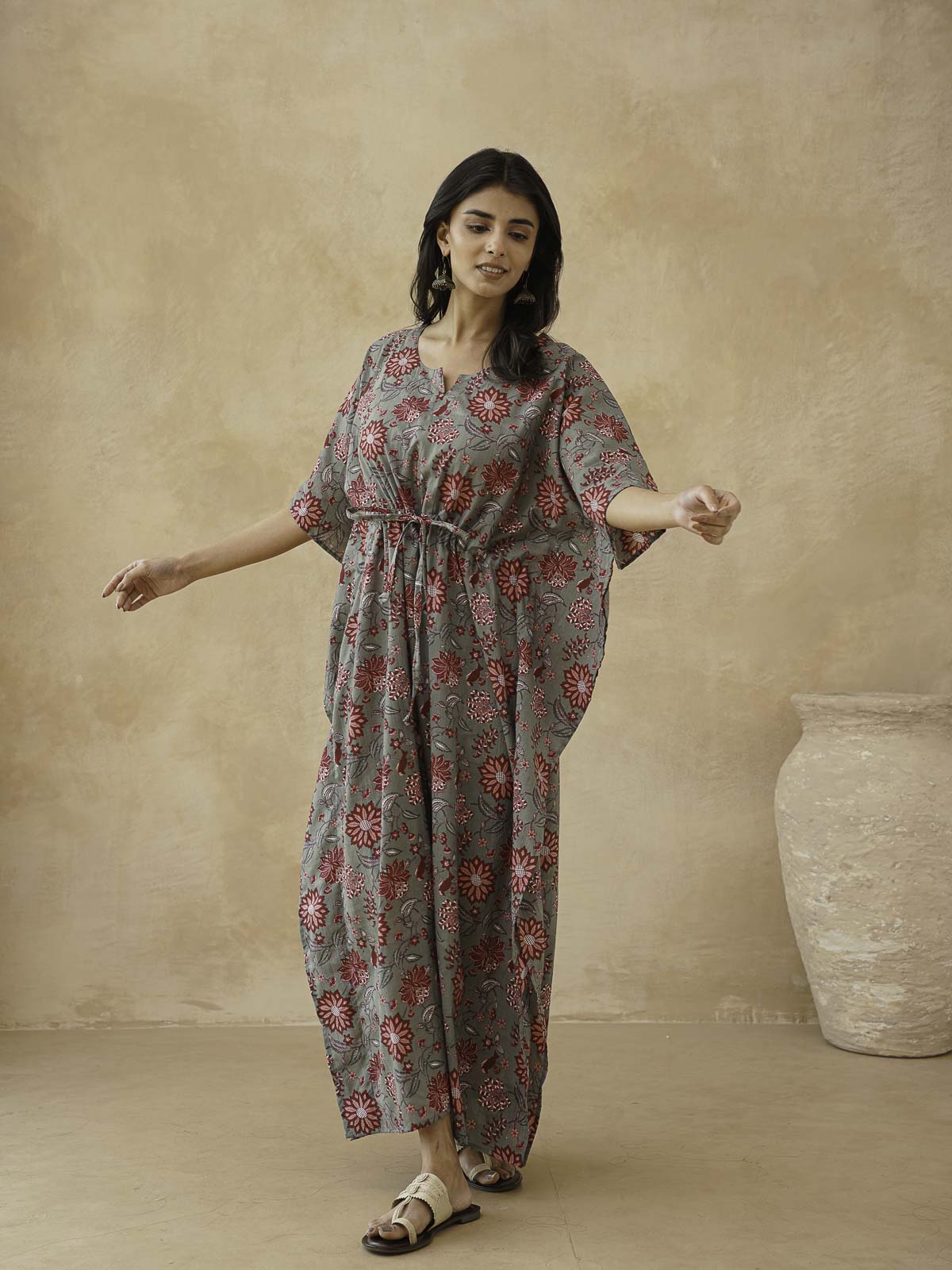 Block-Printed Cotton Long Kaftan Grey