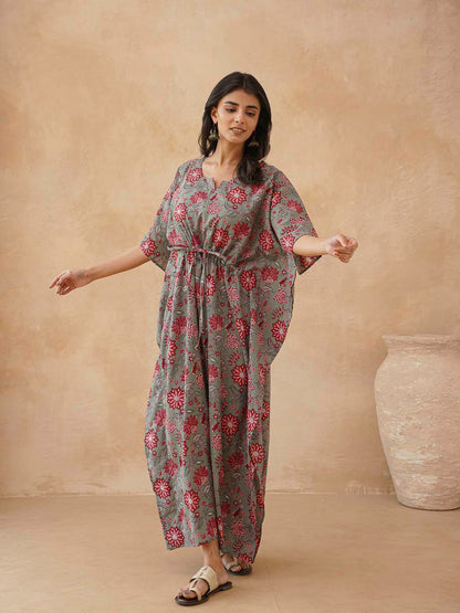 Block-Printed Cotton Long Kaftan Grey