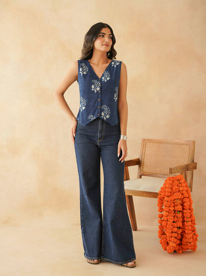 Sleeveless Cotton Block Printed Kothi Top Indigo Boota