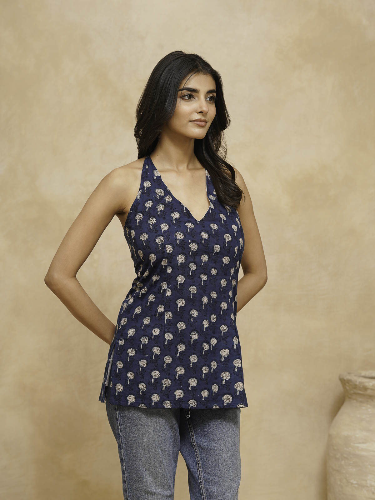 Cotton Printed Stylish Halter Tie-Up Kurti Indigo