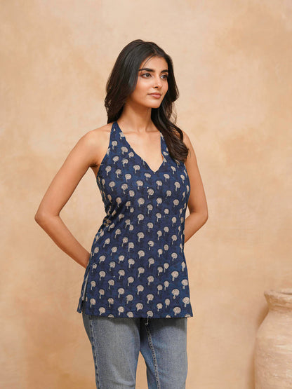 Cotton Printed Stylish Halter Tie-Up Kurti Indigo