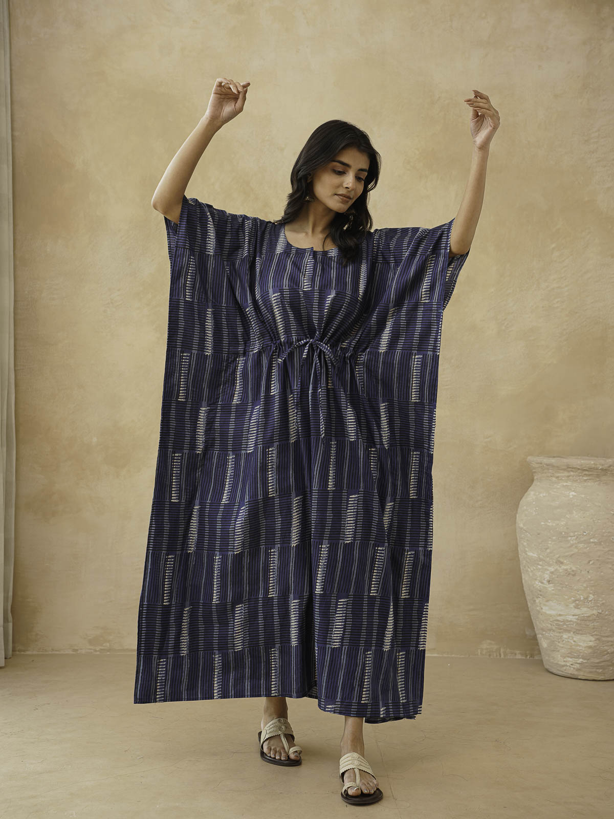 Block-Printed Cotton Long Kaftan Indio Straip
