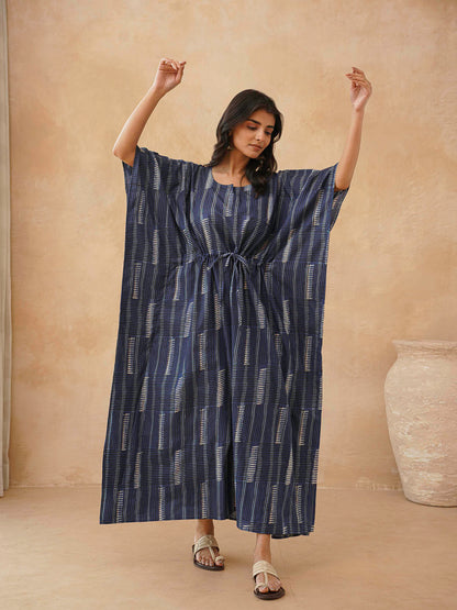 Block-Printed Cotton Long Kaftan Indio Straip