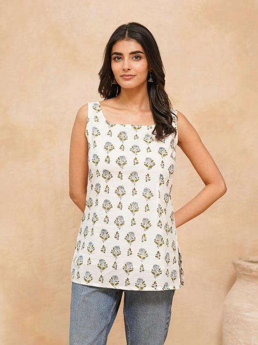 Cotton Printed Stylish Backless Tie-Up Kurti White