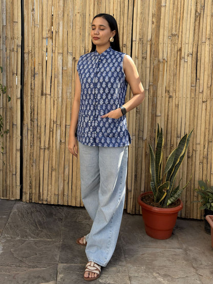 Cotton Printed Sleeveless Quilted Jacket Indigo Booty