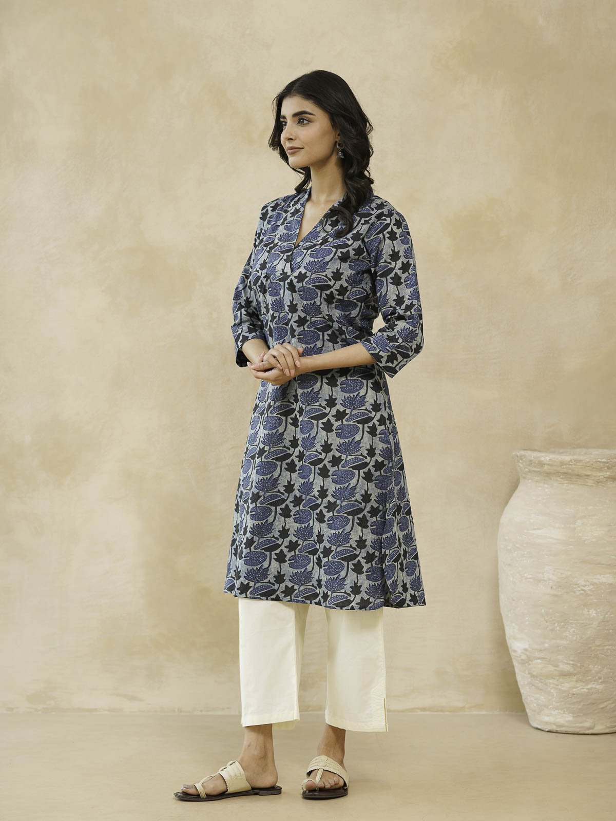 Cotton Printed Straight Kurta Indigo Lotus