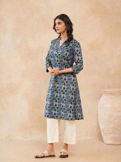 Cotton Printed Straight Kurta Indigo Lotus