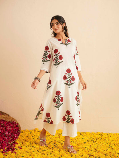 Cotton Printed Kantha Style Set For Women White