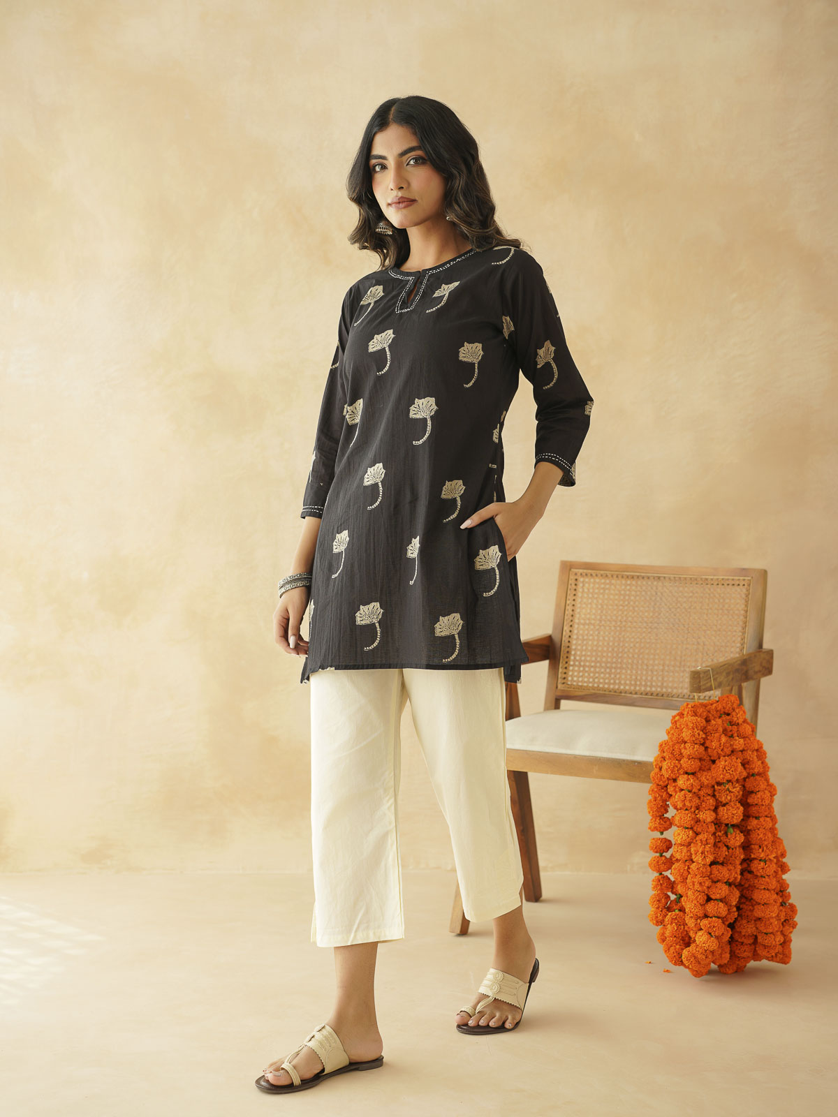 Cotton Printed Kantha Kurta Black