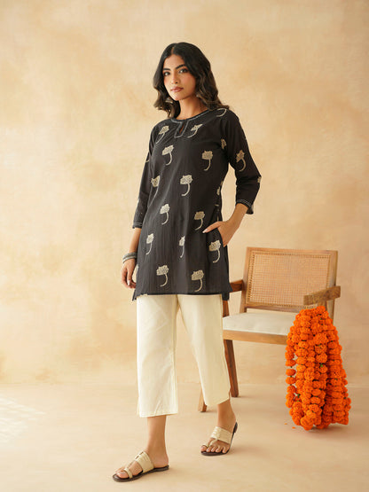 Cotton Printed Kantha Kurta Black
