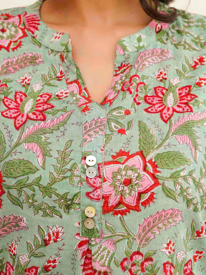 Cotton Pleat Kurta For Women Green Flower