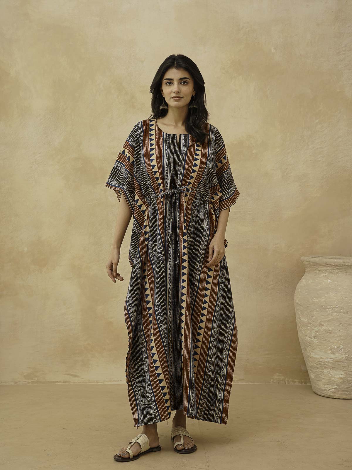 Block-Printed Cotton Long Kaftan Multicolor