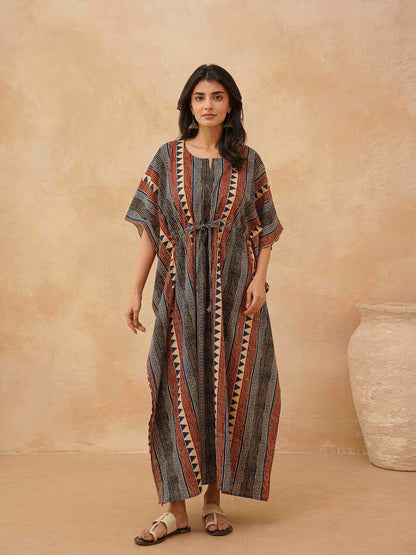 Block-Printed Cotton Long Kaftan Multicolor
